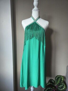 Amiani Green Fringe Halter Mini Dress 100% Viscose Resort Beach Boho Size L